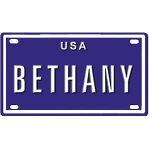 Bethany USA mini metal embossed license plate name for bikes, tricycles, wagons, kids doors, golf carts, baby strollers, pedal cars. Over 400 names available. Type in "name" usa plate in search. Your name will show up.