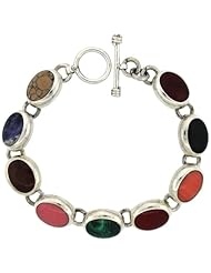 Sterling Silver Multi Color Stone Oval Link Bracelet Toggle Clasp, 1/2 inch wide, 7.5 inch