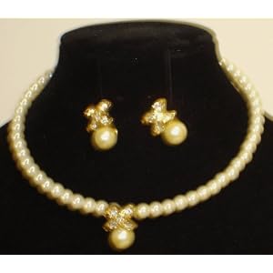 Ivory Small Pearls Short Chain Choker Necklace and Earrings for Teens