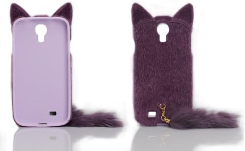 DE New Fashion Cartoon Animal Series Purple With Fluffy Plush Tail Fur Ear Cat Style Plush + TPU Soft Case Cover Shell Compatible for Samsung Galaxy S4 IV i9500