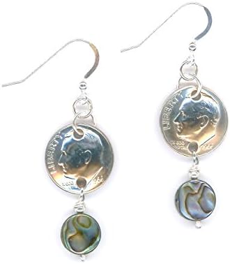 50th Birthday Gift for Her 1966 Dime Earrings 50th Birthday Earrings 50th Anniversary Gift Coin Jewelry Paua Shell Beads 1966 Dimes