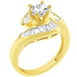 1.0 Carat (ct, cttw, ctw) Round with Emerald Cut Accents 14k Gold Plate Cubic Zirconia CZ Engagement Ring (Size 5,6,7,8,9,10)