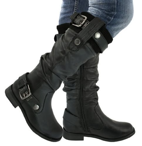 Spy Love Buy New Biker Leather Style Flat Wide Calf Boots Madeline