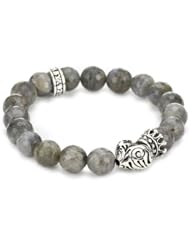 King Baby 10mm Labradorite Bead Bracelet with Silver Day of the Dead Crowned Heart