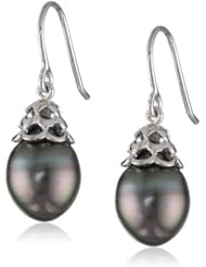 Sterling Silver and Black Tahitian Cultured Pearl (9-9.5mm) Earrings