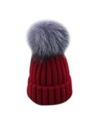 Apparel: SPRINGWINDRING Womans Wool Knitted Ball Silver Fox Fur Pom Pom Hat Valentines