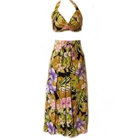 Hawaiian Flowers print Tropical Halter Top & Luau Sarong Wrap Pants set Adjustable one size