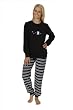 Damen Frottee Pyjama von Creative, Langarm, Rundhals, Ringel Hose, Schwarz, 222946, Gr. M 40/42