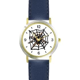 Spider - Tarantula Insect on Web - Animal - WATCHBUDDY� DELUXE TWO-TONE THEME WATCH - Arabic Numbers - Blue Leather Strap-Size-Children's Size-Small ( Boy's Size & Girl's Size )