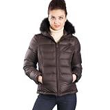 Jessie G. Women's Quilted Short Down Jacket with Fox Fur Trim in Black, Brown, or Dark Gray