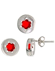 Sterling Silver Jewish Star of David Stud Earrings (9mm) & Pendant Slide (9mm) Set, w/ Brilliant Cut Ruby-colored CZ Stones