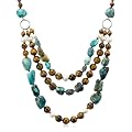 Tiger Eye, Turquoise and White Freshwater Cultured Pearl Three-Row Necklace with Sterling Silver Clasp, 19.5+4" Extender