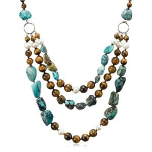 Tiger Eye, Turquoise and White Freshwater Cultured Pearl Three-Row Necklace... by