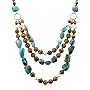 Tiger Eye, Turquoise and White Freshwater Cultured Pearl Three-Row Necklace with Sterling Silver Rings and Extender Clasp