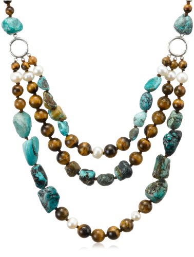 Tiger Eye, Turquoise and White Freshwater Cultured Pearl Three-Row Necklace with Sterling Silver Clasp, 19.5+4" Extender