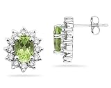 7X5mm Oval Shaped Peridot and Diamond Flower Earrings in 14k White Gold