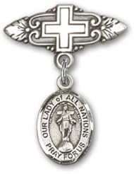 Sterling Silver Baby Badge with Our Lady of All Nations Charm and Badge Pin with Cross