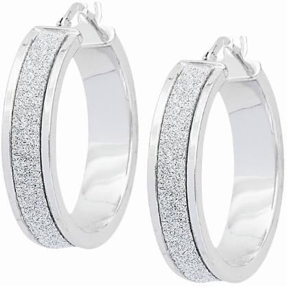 Sterling Silver Rhodium Plated Sparkle Oval Hoop Earrings
