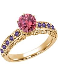 1.14 Ct Round Pink Diamond Purple Amethyst 14K Yellow Gold Ring