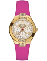 GUESS Womens U0327L2 Pink Silicone Multi-Function Watch with Gold-Tone Case & Genuine Crystal Accents
