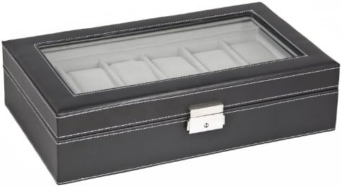 Watch Box Large 12 Mens Black Leather Display Glass Top Jewelry Case Organizer