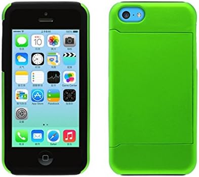 iPhone 5c Case, iPhone 5c Wallet Case, Dual Layer Armor Hybrid Shockproof Hard Plastic with Silicone Wallet Credit Card Stand Case with Screen Protector for Iphone 5c (Neon Green)