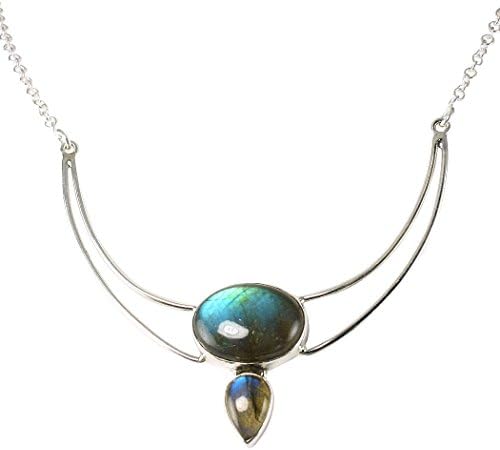 20ct. Labradorite 18" Crescent Moon Necklace with 2" Extender in Sterling Silver- Free Gift Box