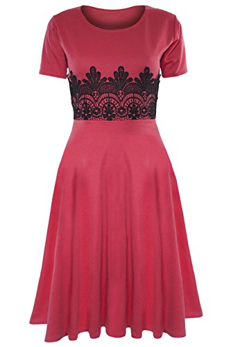 Oops Outlet Women's Cap Sleeve Waist Lace Insert Flared Skater Midi Dress