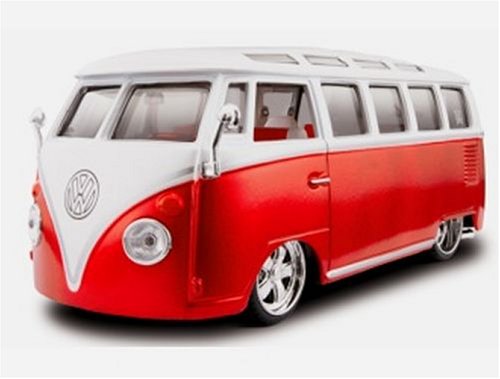 Childrens Toyshop  Third Party New : Diecast Model VW Samba Van (VBugz) in Red and White (1:25 scale)