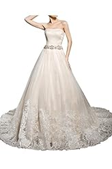 Strapless Tulle Natural   Waistline  Lace Wedding Dress  With Rhinestones