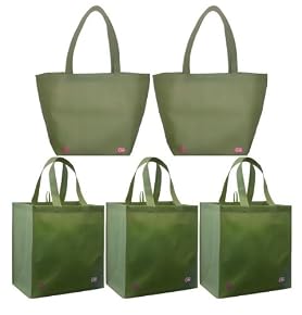 2 Olive Reusable Shoulder Tote Bags+3 Olive Grocery Tote Bag Combo Pack