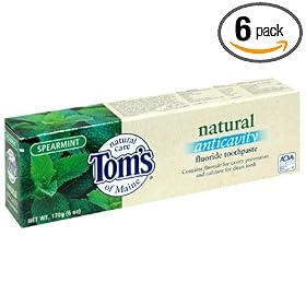 Tom's of Maine Natural Anticavity Fluoride Toothpaste, Spearmint, 6-Ounce Tubes (Pack of 6)