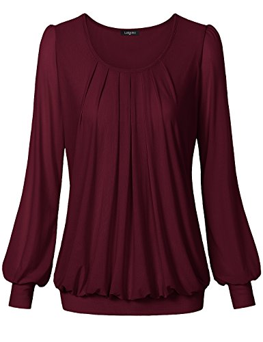 Laksmi Women's Long Sleeve Round Neck Front Pleated Blouse Top