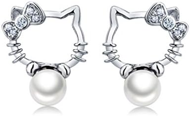Tyzon 925 Sterling Silver Hello Kitty with Freshwater Pearl Women Stud Earrings