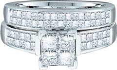 Ladies 14k White Gold 1.5 Ct Quad Princess Cut Diamond Wedding Engagement Bridal Ring Set