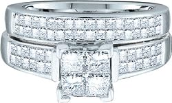 Ladies 14k White Gold 1.5 Ct Quad Princess Cut Diamond Wedding Engagement Bridal Ring Set