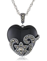 Sterling Silver, Oxidized Marcasite, and Black Agate Heart Pendant Necklace, 18"