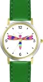 Multicolored No.2 Dragonfly or Dragon Fly - JP - WATCHBUDDY&reg; DELUXE TWO-TONE THEME WATCH - Arabic Numbers - Green Leather Strap-Size-Women's Size-Small