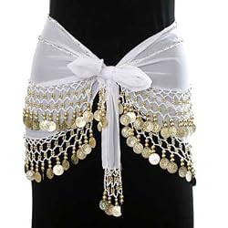 White & Gold Dangling Coins Belly Hip Dance Wrap Belt