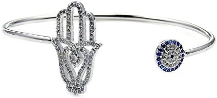 Hamsa Hand, Evil Eye Sterling Silver CZ Cuff Bracelet