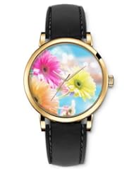 SPRAWL Aanalog Fashion Series Gold Ladies Watches of Genuine Black Leather Strap,Unique Wrist Watch for Women Girls Designed with Colorful daisy