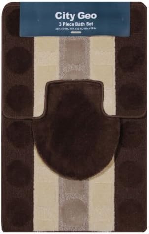 Modern Circles Stripes Brown-Biege 3 Piece Bathroom Shower Ensemble Bath Rug Set