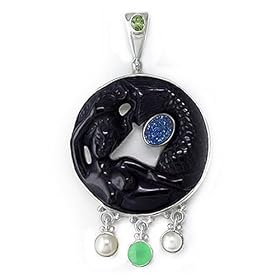 Sterling Silver Rainbow Obsidian Mermaid, Druzy, Chrysoprase, and Pearl Pendant by Sajen by Chrysoprase