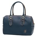 Navy Blue Faux Leather Handbag Purse with Tan Trim