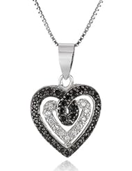 Sterling Silver Black and White Cubic Zirconia Heart Drop Chain Pendant Necklace, 18"