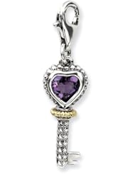 14k Yellow Gold Sterling Silver with Amethyst Antiqued Key with Lobster Clasp Charm