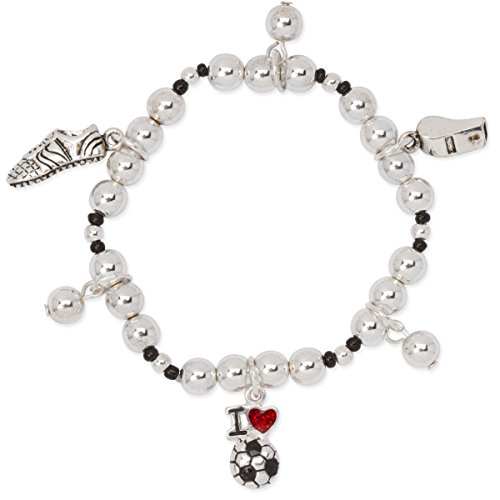 I Love Soccer Silver Tone Beaded Sports Charm Girls Stretch Bracelet