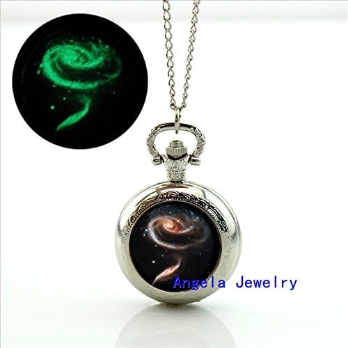 Pretty Lee Fashion Glow in the Dark Spiral Nebula Glass Glowing Pocket Watch Spiral Nebula Photo Locket Necklace Silver