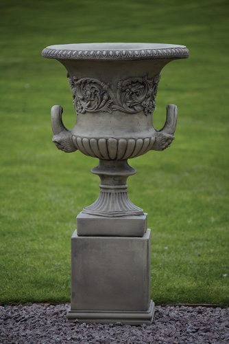 Large Garden Planters - Pair of Grecian Stone Urns on Plinths