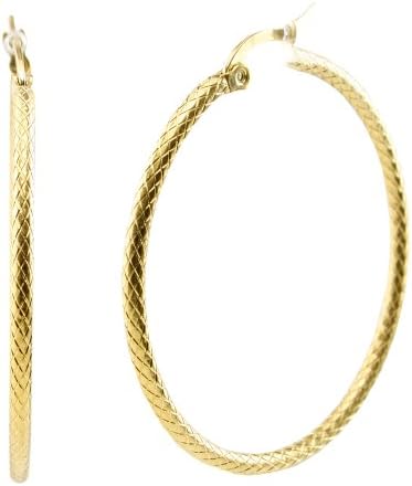 Stainless Steel Click-top Back Big Size Thin Hoop Earrings (40mm Diameter) (Yellow Gold Plated)